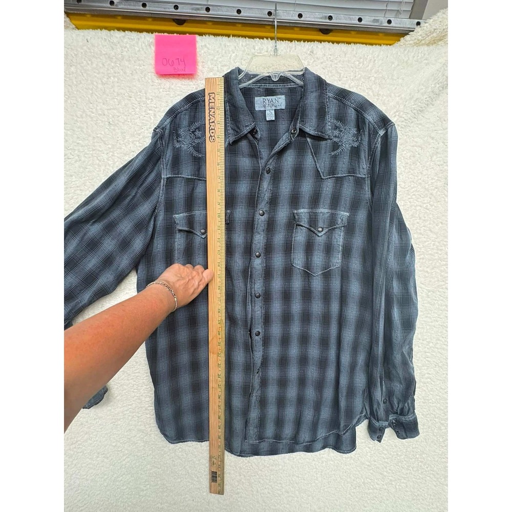 Ryan Michael Mens Large Silk Cotton Plaid Embroidered Western Snap Shirt Blue